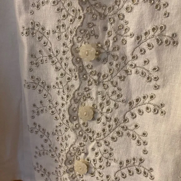 SUSAN GRAVER STYLE White Silver Metallic Eyelet Jacket Blazer Linen Blend Medium - Picture 2 of 8